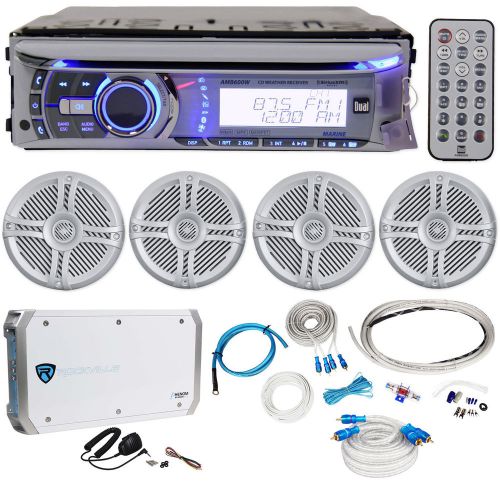 Dual amb600w marine cd stereo+(4) rockville 6.5&#034; boat speakers+4-ch amp+amp kit