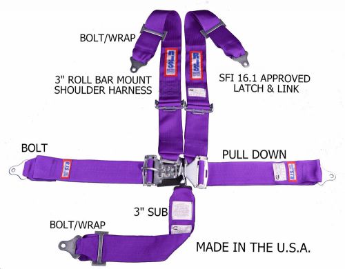 Rjs sfi 16.1 5 point 3&#034; latch &amp; link harness bolt  belt roll bar purple 1128608