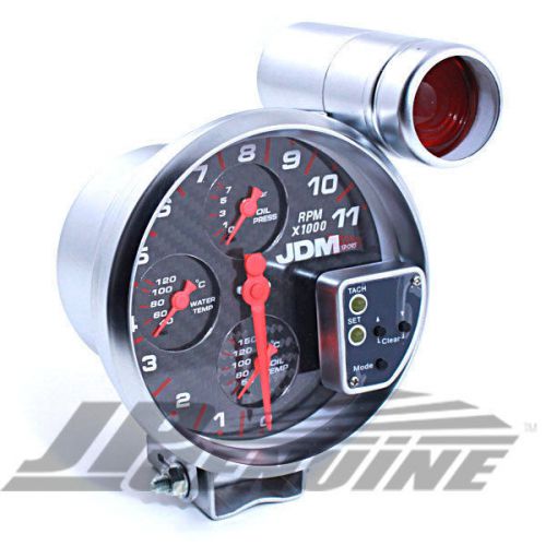 Jdm 5&#034; 4 in 1 rpm tachometer racing gauge w/ shift lights carbon - universal 2