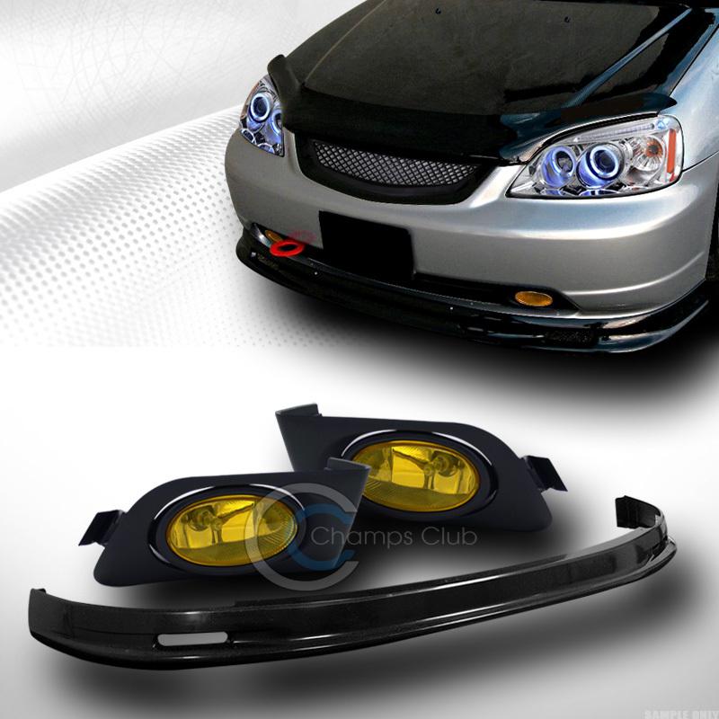 Jdm blk mu front bumper lip kit abs+fog lights lamp yellow 2001-2003 honda civic