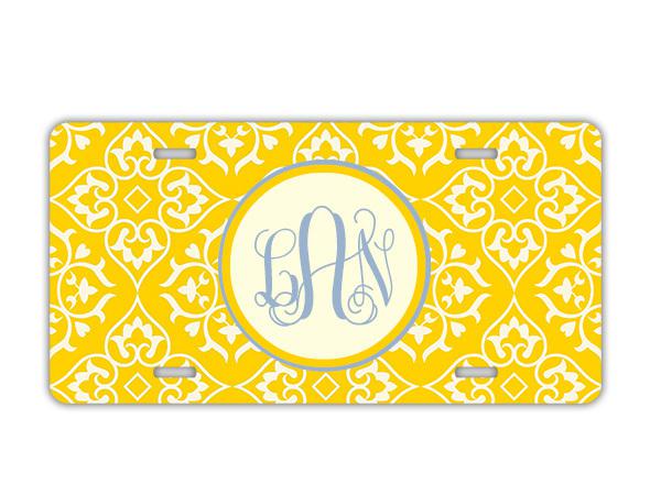 Customized license plate - bright yellow w blue - monogrammed car tag (9913)