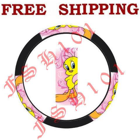 New looney tunes cartoon pink happy car truck tweety bird steering wheel cover