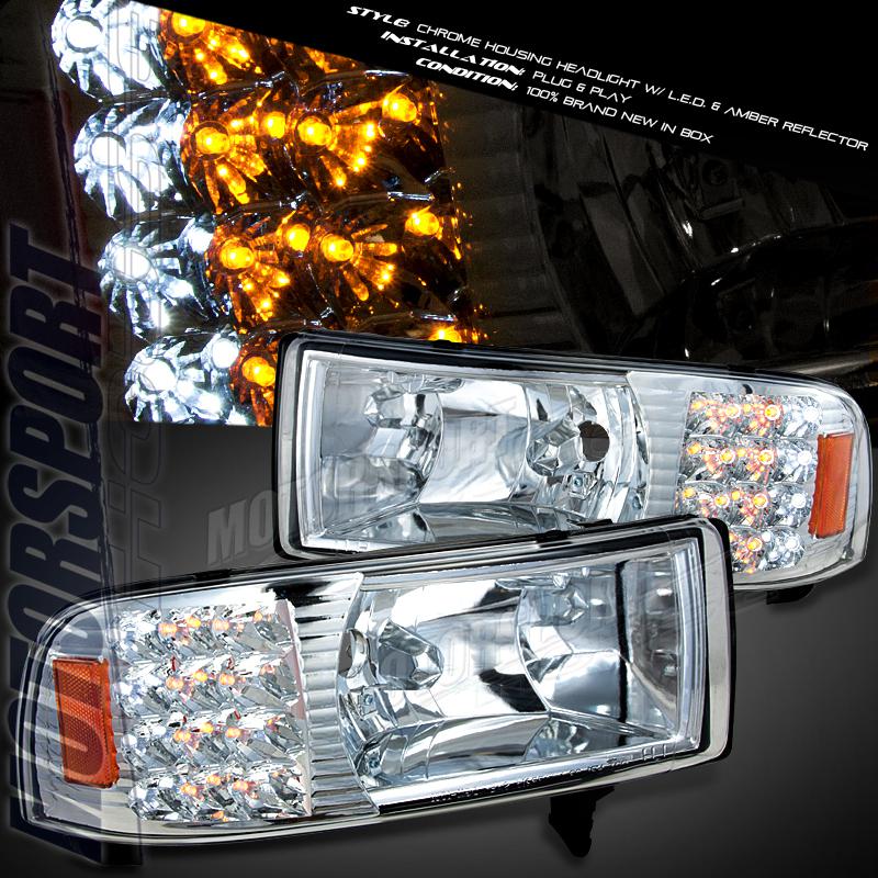 94-01 dodge ram pickup chrome housing headlight amber led turn signal lamp