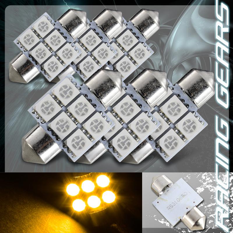 6x 31mm 1.25" amber 6 smd led festoon replacement dome interior light lamp bulb