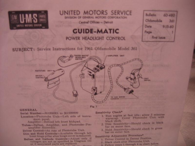 1961 oldsmobile guide-matic service headlight pamphlet