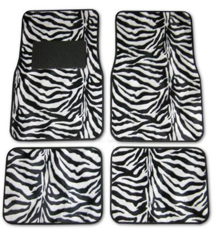 Zebra black white universal car front rear floor mats w/ drivers side heel pad j