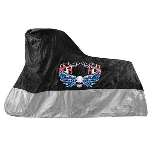 Xelement premium black/silver motorcycle cover with skull and wing graphics