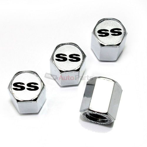 (4) chevy ss silver logo chrome abs tire/wheel air stem valve caps covers