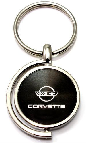 Black chevy corvette c4 logo brushed metal round spinner chrome key chain ring