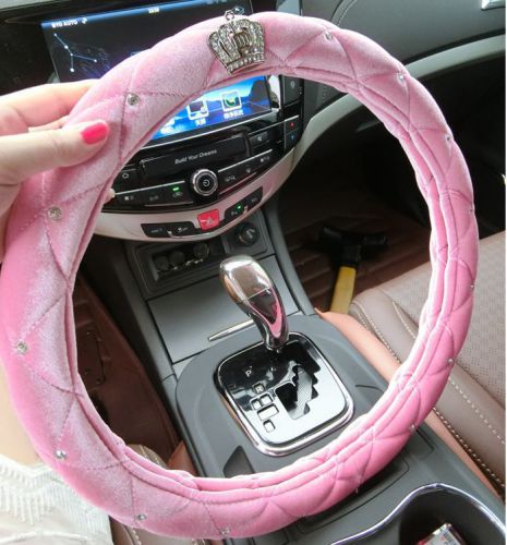 Luxury crystal crown velvet steering wheel cover 38cm m size pink