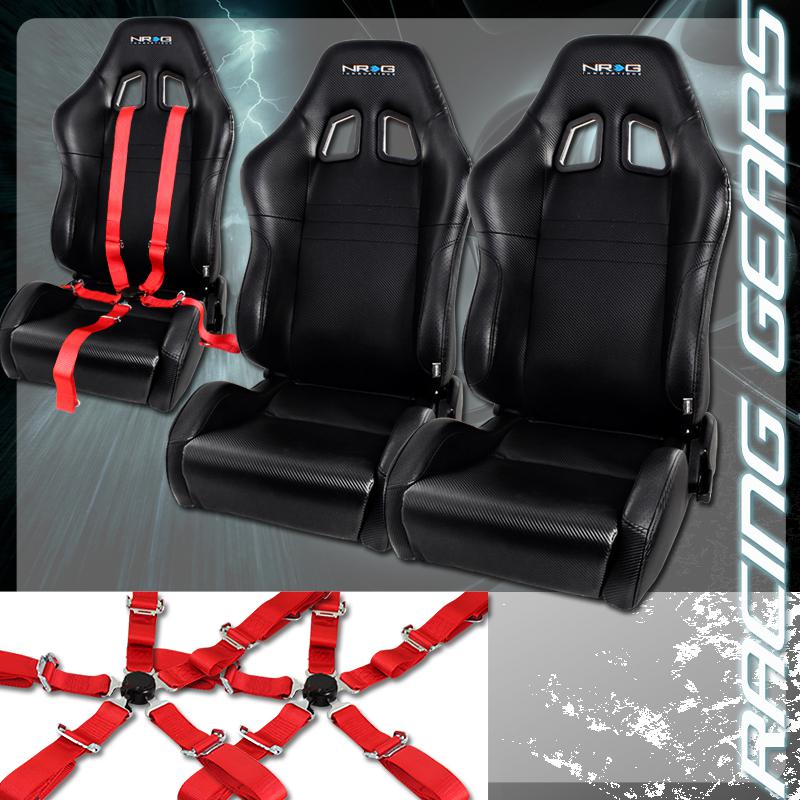 2x nrg carbon fiber style pvc leather reclinable racing seats + red seat belts