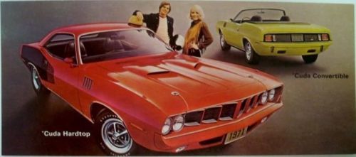 Nos mopar 1971 plymouth cuda hardtop &amp; convertible dealer post card