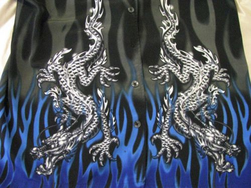 Authentic c-two dragon &amp; flames black gray blue button short sleeve shirt mens l
