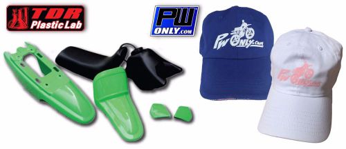 Pw50 pw 50 yamaha green fender plastic kit, black seat &amp; tank, free pw hat
