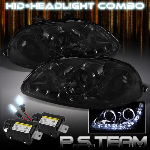 Smoked 96-98 civic halo projector r8 drl led headlights+6000k slim ballast hid