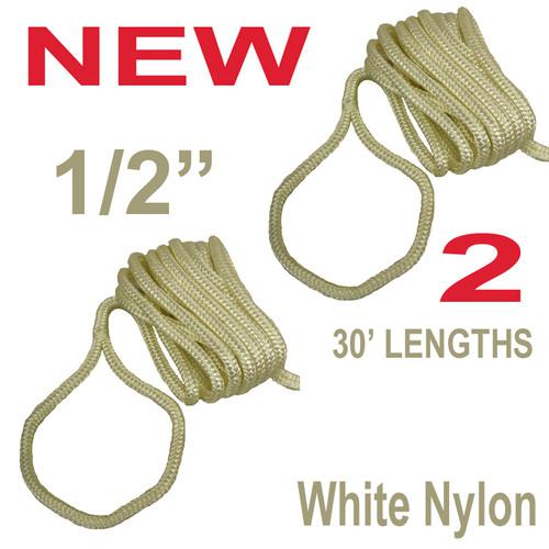 2 new 30' double braid 1/2" nylon dock line,marine boat tow rope,white