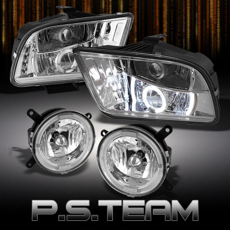 05-09 mustang v8 gt halo projector led headlights+clear halo fog lamp w/switch