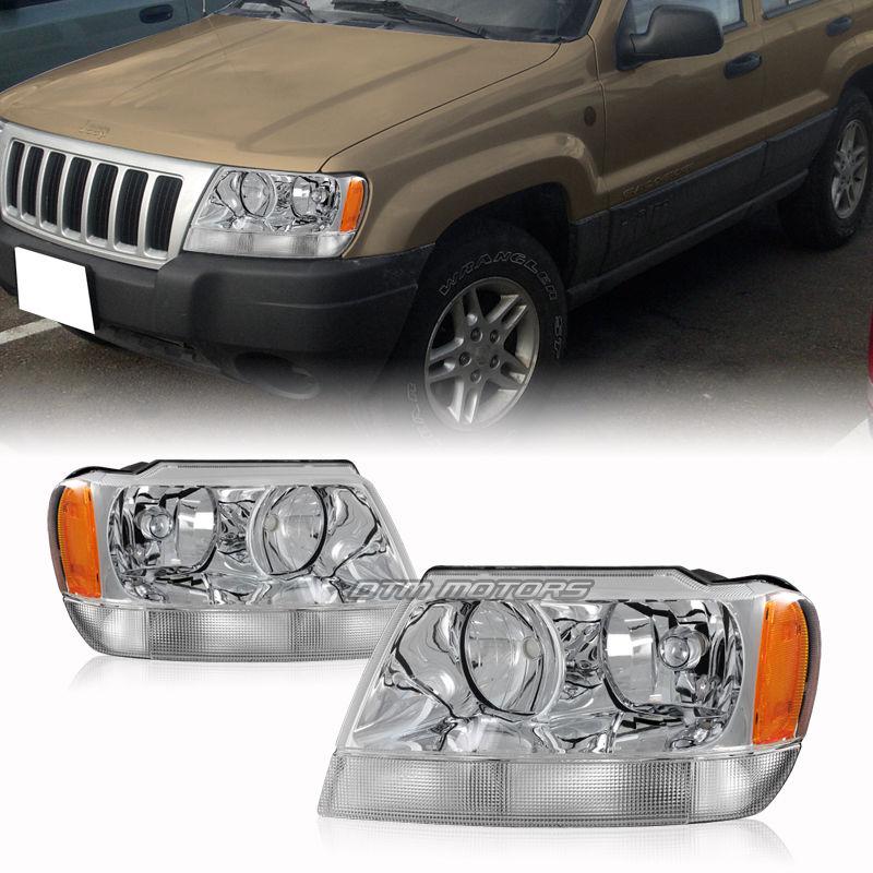 99-04 jeep grand cherokee chrome housing clear lens amber reflector headlights