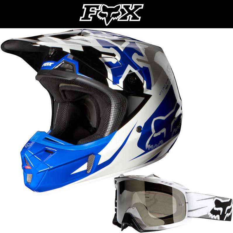 Fox racing v2 anthem blue white dirt bike helmet with tracer white airspc goggle