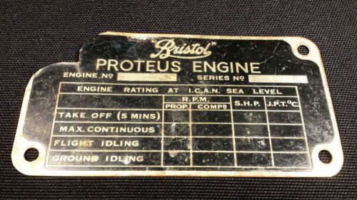 Original vintage bristol proteus aircraft engine plate