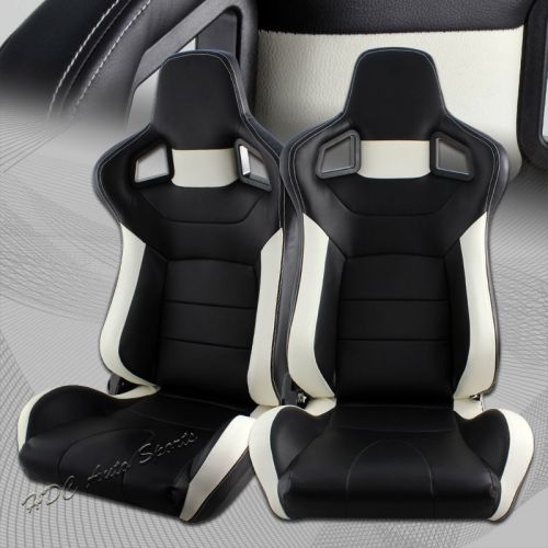 Black/white stripe pvc leather sport reclining racing seats +sliders universal 4