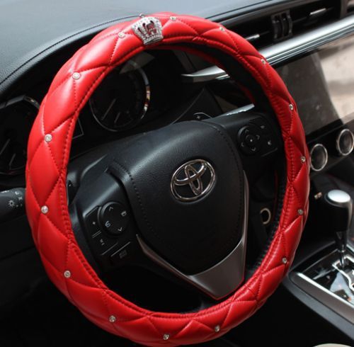 Hot selling lady bling red car steering wheel cover leather with crown 38cm