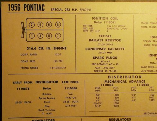 1956 pontiac eight series models special 285 horsepower 316.6 v8 tune up chart