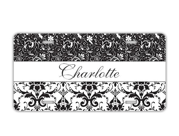 Pretty personalized license plate - black damask name monogrammed car tag (9733)