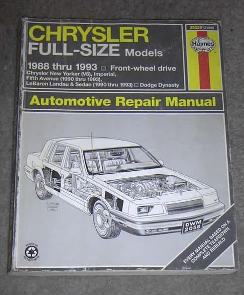 Haynes shop service manual for 1988 to 1993 full size chrysler models