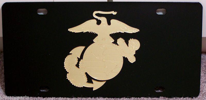 Us marine corps emblem gold on black stainless steel vanity license plate tag