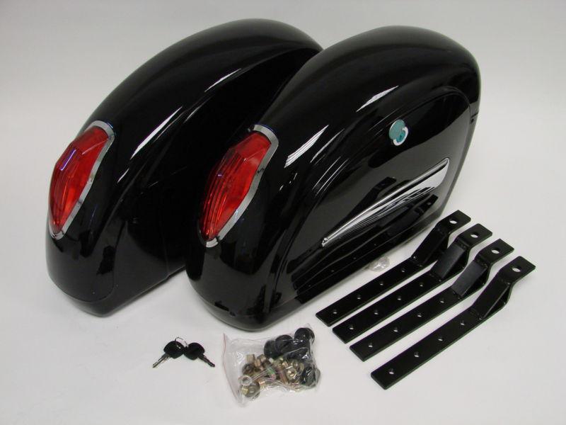 Black motorcycle cruiser hard saddle bags trunk luggage w/ lights mount bracket