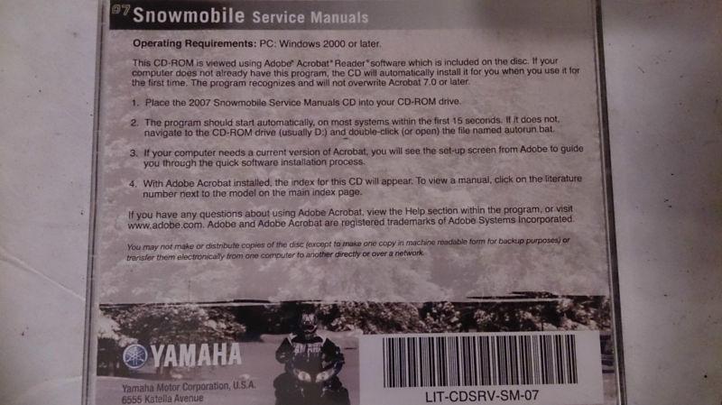 07 yamaha snowmobile pc disc service manual *new*