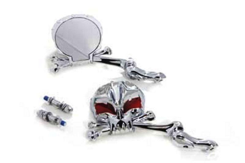 Chrome skull mirror set with bone stems and red eyes - hd bt sportster & customs