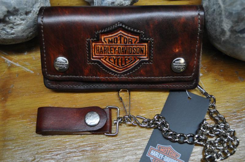 Harley-davidson deep rich brown leather wallet w/chain, 6" vintage   made in usa