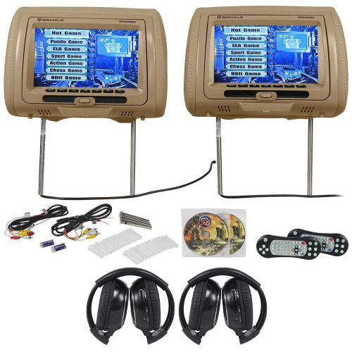 Rockville rtsvd961-bg 9” beige touchscreen dvd/hdmi headrest monitors+headphones