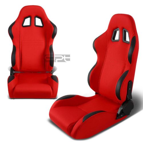 Red cloth/black reclinable sports racing seats+universal slider rails left+right