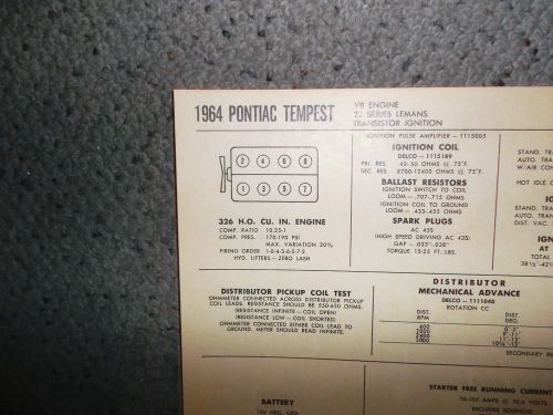 1964 pontiac tempest eight series models h.o. 326 ci v8 w/ti tune up chart