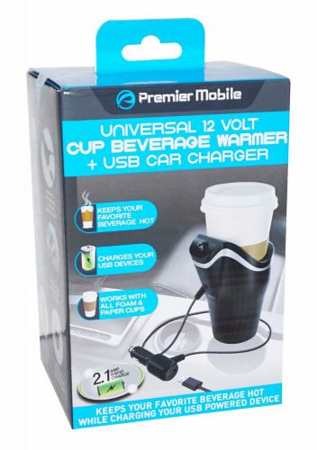 Universal 12 volt cup beverage warmer + integrated 2.1 amp usb car charger new