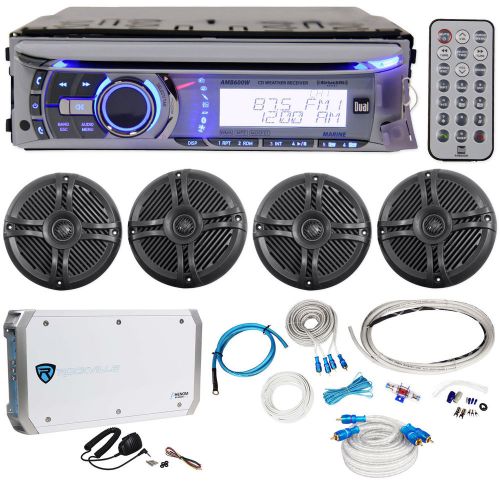 Dual amb600w marine cd stereo+4) rockville 6.5&#034; boat speakers+4 ch. amp+amp kit