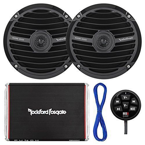 2x black rockford rm0652b 6.5&#034; marine speakers, amplifier, bluetooth controller