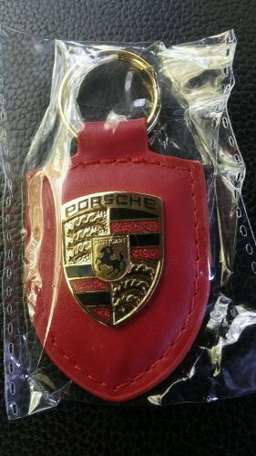 Porsche red leather metal colored crest key chain keyring key fob