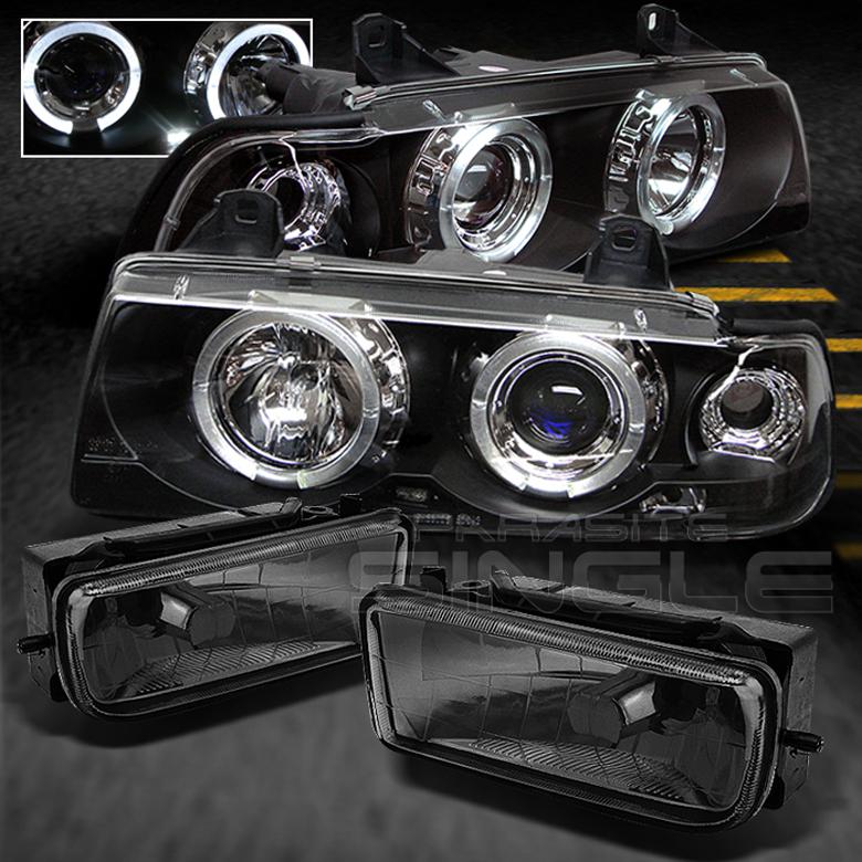 92-98 bmw e36 3-series 2dr black halo projector led headlights+smoke fog w/bulbs
