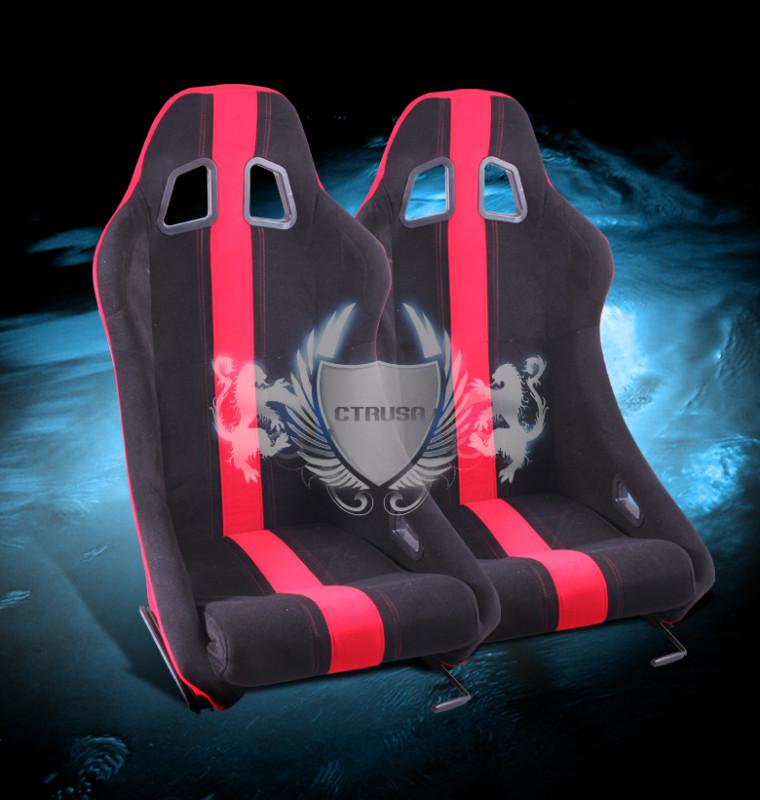 2x black/red stripe sport racing bucket seats fabric driver/passenger + sliders