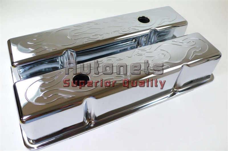 Sbc chevy chrome valve cover flame stamped 283-305-327-350-400 small block short