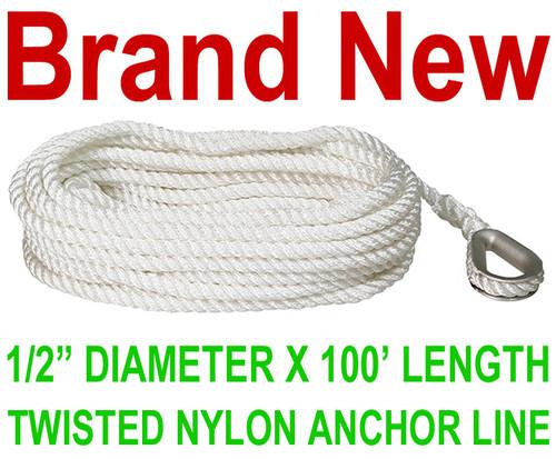New 100' twist 1/2" nylon anchor line,twisted marine boat dock rope,white