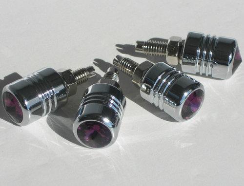 4 chrome billet & purple swarovski crystal license plate frame screws tag bolts 