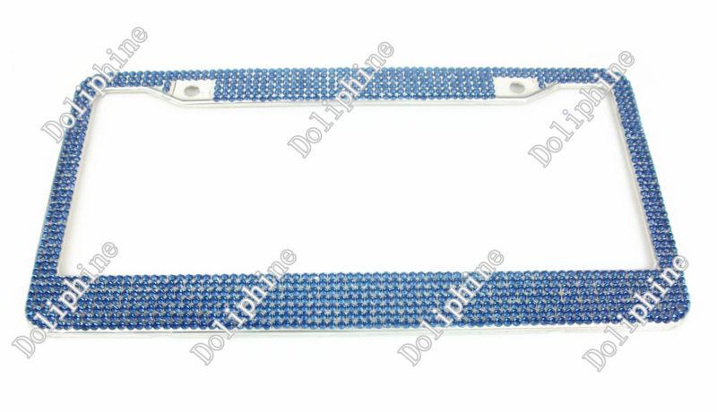 Blue bling crystal metal chrome u.s.license plate frame 7 rows rhinestone