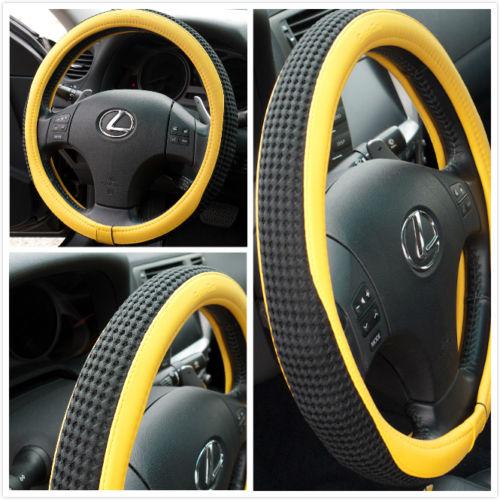 Yellow pvc leather breathable black fabric steering wheel cover new 51208c