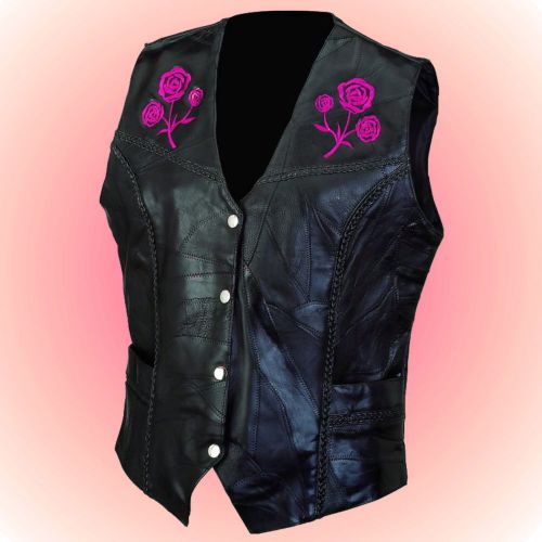 -ladies rose leather motorcycle biker vest--size extra large (xl) --braided trim