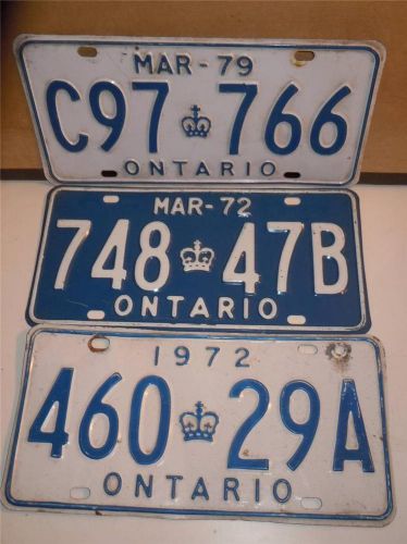 Vintage lot of 3 ontario canada car license plate 1972 rare white &amp; blue crown